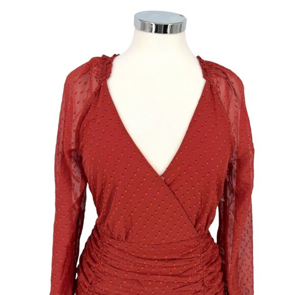 Floret Studios Polka Dot Ruffle Ruched V-Neck Mini Dress Marsala Red Size Small - Picture 2 of 11